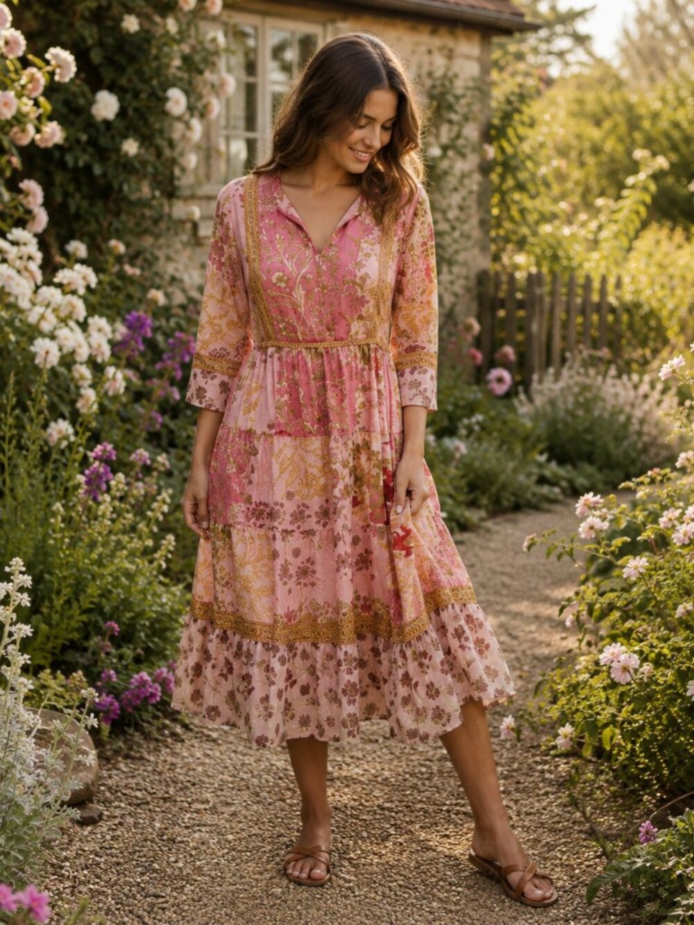 Vtg 90s y2k Bila floral chiffon pink boho dress cottagecore